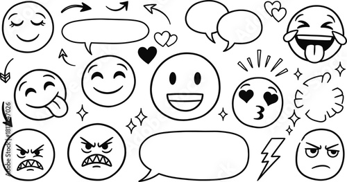 Hand drawn emoji and speech bubble doodle vector illustration