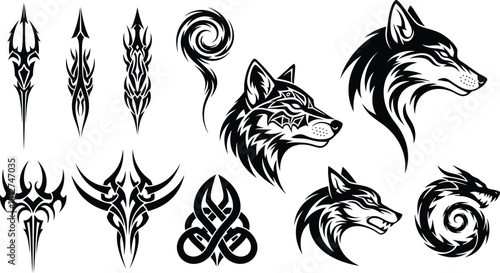 Collection of black and white tribal style tattoo designs