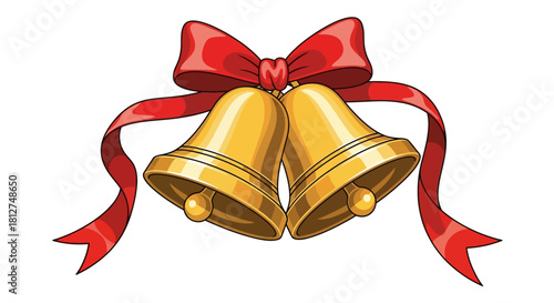 Festive two golden jingle bells with vibrant red bow, perfect for holiday greetings and cheerful Christmas celebrations this winter season