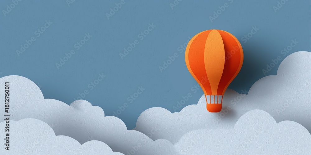 Obraz premium Orange hot air balloon among white clouds on a clear blue sky