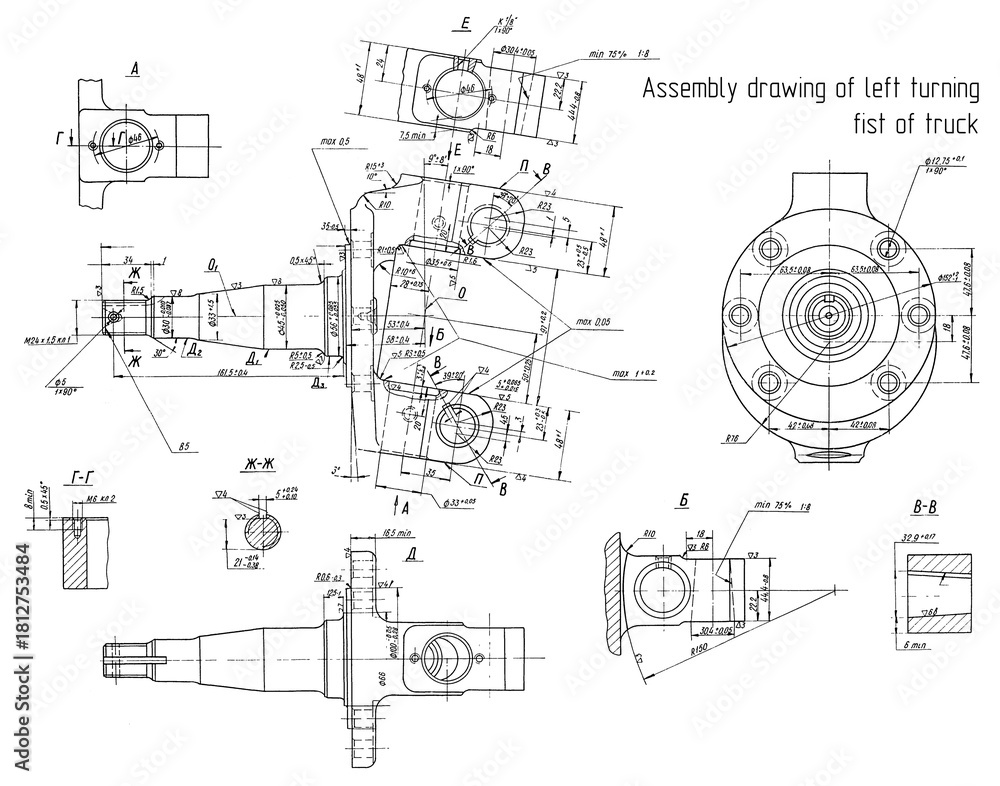 Obraz premium Assembly drawing of left turning fist of truck. Engineering automotive mechanical blueprint of steel device. Industrial cad scheme on paper sheet. Technology design of machine building industry.