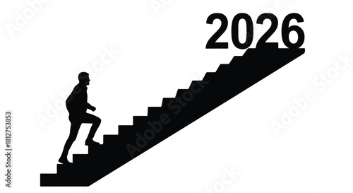 Silhouette of a person climbing stairs towards the year 2026, symbolizing progress and future aspirations.
