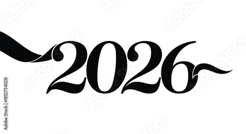 Elegant year 2026 number in bold black calligraphy with a flowing ribbon accent