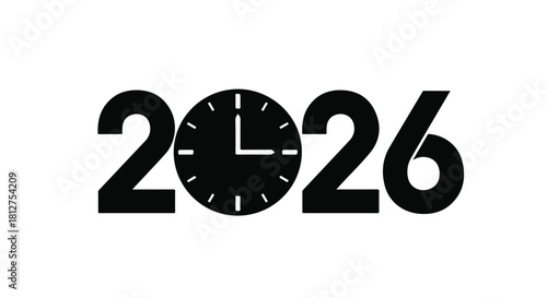 Clock face integrated into the year 2026, symbolizing future time and planning
