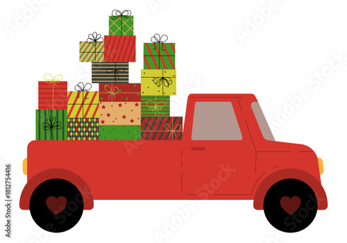 Christmas car loaded with gifts. Vintage. Cute vector retro illustration