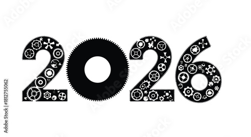 Intricate gear design forms the year 2026, symbolizing industry and progress.