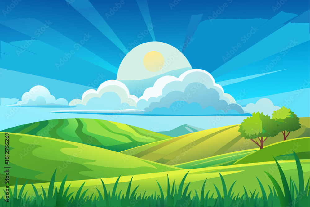 Obraz premium A sunny day over a vibrant green field with a single cloud floating in the clear blue sky on top of a grassy hill, rare scenes of tranquil scenery, peaceful nature background created.