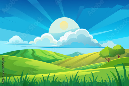A sunny day over a vibrant green field with a single cloud floating in the clear blue sky on top of a grassy hill, rare scenes of tranquil scenery, peaceful nature background created.