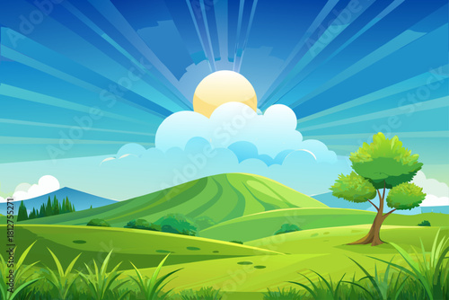 A sunny day over a vibrant green field with a single cloud floating in the clear blue sky on top of a grassy hill, rare scenes of tranquil scenery, peaceful nature background created.
