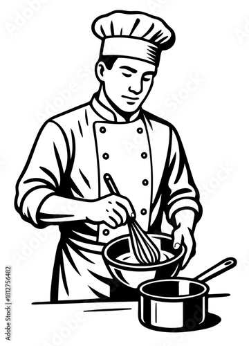 Kitchen worker in uniform whisking ingredients in a bowl