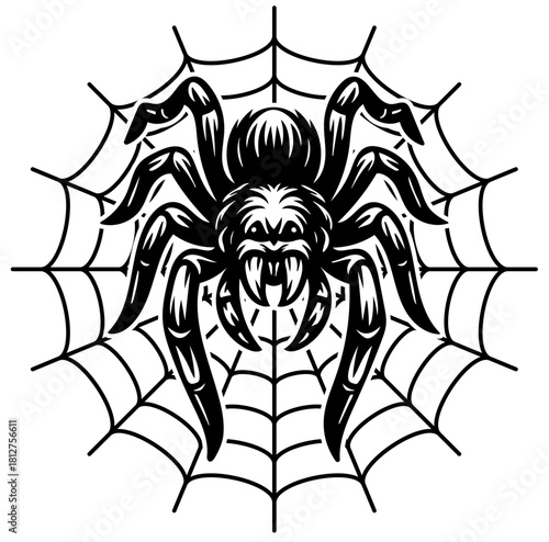 Spider hangs on web in intricate vector design Generative AI