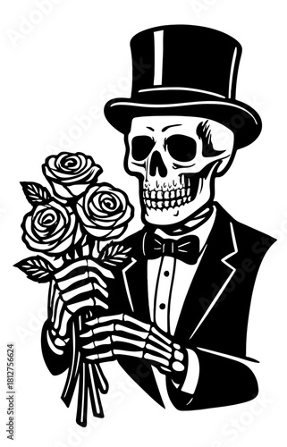 Skeleton holding roses in a classy pose with hat Generative AI