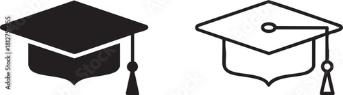 Two graduation caps one solid silhouette and one outline isolated on transparent background