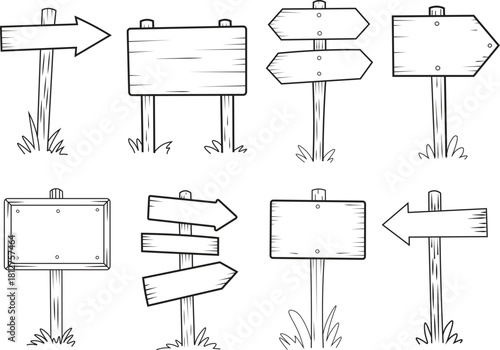 Road direction signs are hand-drawn.  Sketch in the doodle style.  Make a wooden plank sign. Vector illustration.