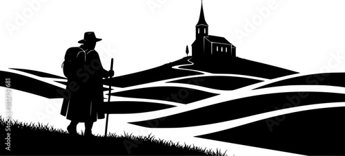 Pilgrim walking toward church on hilly landscape vector illustration silhouette isolated on white background
