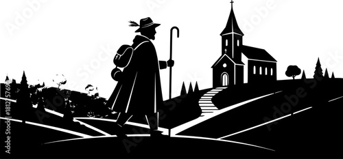 Pilgrim walking toward church on hilly landscape vector illustration silhouette isolated on white background
