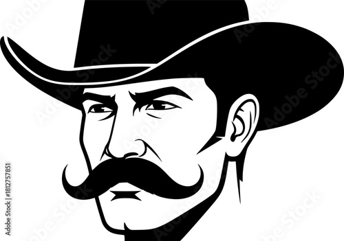 Cowboy with Hat Silhouette: A bold, minimalist illustration showcases a cowboy's head and face in silhouette. Detailed facial features, including a prominent handlebar mustache and a classic hat