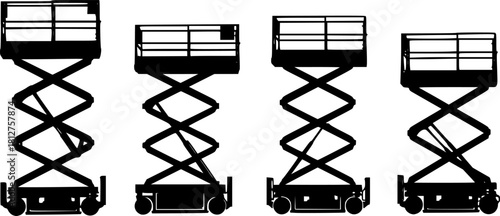 set of 4 scissor lift machine silhouette, black and white silhouette, vector and illustration isolated on white background
