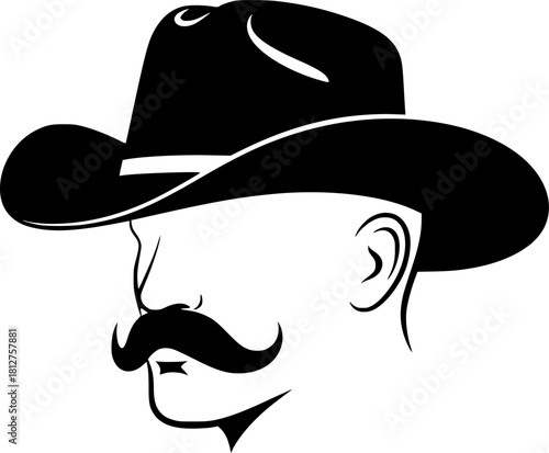 Cowboy with Hat Silhouette: A bold, minimalist illustration showcases a cowboy's head and face in silhouette. Detailed facial features, including a prominent handlebar mustache and a classic hat