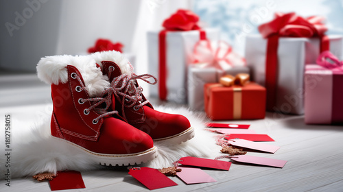 High-key product photo of Santa’s boots standing on a white rug with scattered gift tags and ribbon, clean studio-like lighting, with copy space