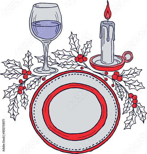 Festive Holiday Table Setting with Wine Candle and Holly Branches Depicting Warm Winter Celebration Season and Holiday Parties and Get Togethers and Family Occasions