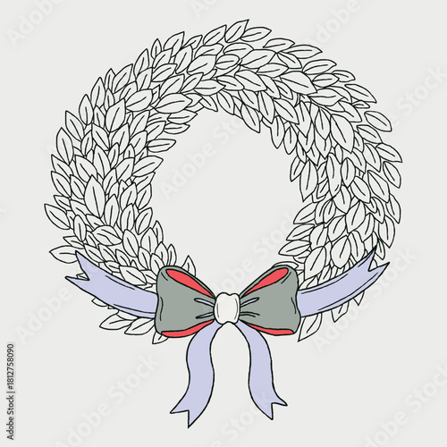 Festive leaf wreath with elegant bow and ribbons perfect for holidays and special occasions providing a blank space in the center for customized greetings and text