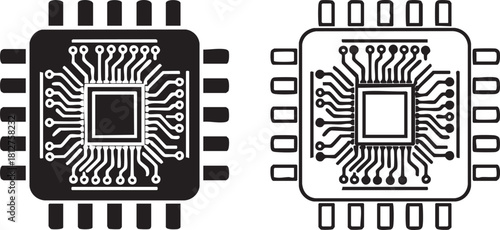 Two stylized computer microchip silhouettes isolated on transparent background