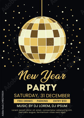 New Year Party Club Poster. New Year Celebration invitation design with disco ball on black background in golden colors.