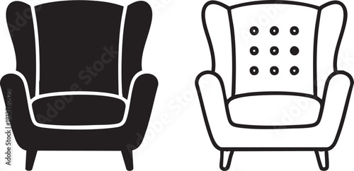 Wingback armchair silhouette and outline drawing isolated on transparent background