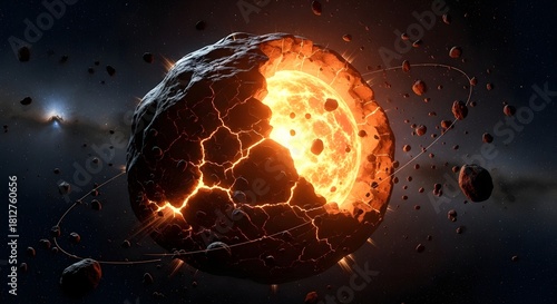 Cracked planet with a glowing core and scattered debris, set against the backdrop of a dark space. A striking visual representing cosmic events and celestial phenomena.