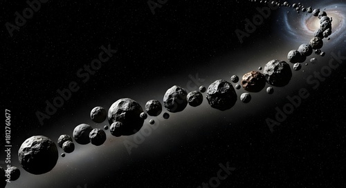 An artistic depiction of asteroids and galaxies in outer space, offering a unique perspective of cosmic wonders.