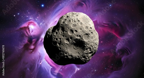 A detailed rendering of a large asteroid floating in space, surrounded by a vibrant, swirling nebula. The asteroid features a rough, cratered surface, showcasing the harsh environment of space