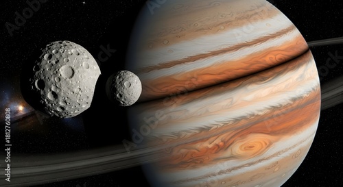 A stunning view of Jupiter, showcasing the planet's intricate details, rings, and moons. A captivating scene of celestial wonders