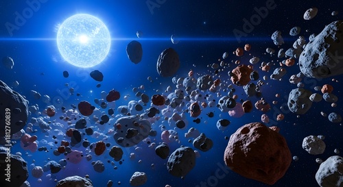 A breathtaking view of a celestial scene featuring a radiant star and numerous asteroids floating in the vast expanse of space. The scene evokes a sense of wonder and the mysteries of the universe.
