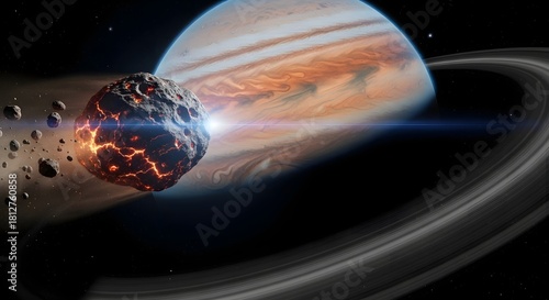 A celestial view of an asteroid collision near Saturn and Jupiter, depicting the cosmic drama of space