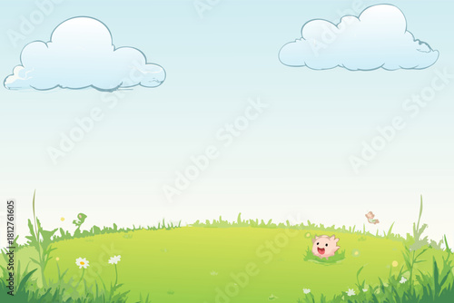 Cartoon grassy field with blue sky, clouds, flowers, and happy pink creature, cheerful nature background for kids
