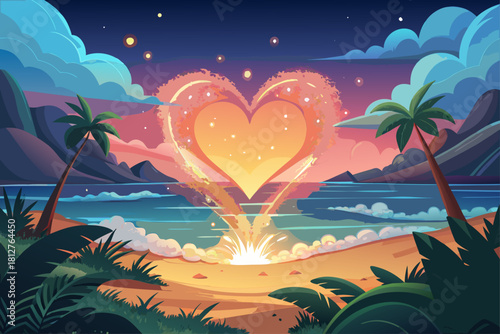 Arranged along the beach, two glowing hearts emit a soft, romantic light, gently illuminating the beach with a touch of magic.