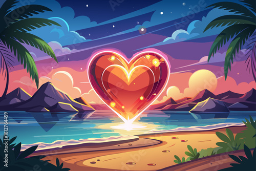 Arranged along the beach, two glowing hearts emit a soft, romantic light, gently illuminating the beach with a touch of magic.