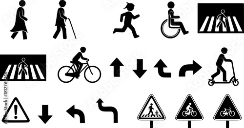 Pedestrian and cycling silhouette icon set. featuring walking, crosswalk, bicycle, scooter, direction, warning symbols	