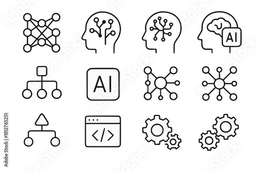 Minimalist AI Icon Set Neural Networks, Machine Learning, Data Clusters, Algorithmic Gears in Black Line Art on White Background