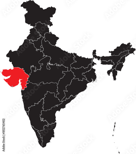 Gujarat State on Map of India Vector Editable
