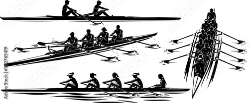 Silhouettes of single, double, quad, and eight-person rowing teams, sculling and sweep boats, competitive crew sport vector illustration, water racing concept	