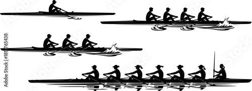 Silhouettes of single, double, quad, and eight-person rowing teams, sculling and sweep boats, competitive crew sport vector illustration, water racing concept	