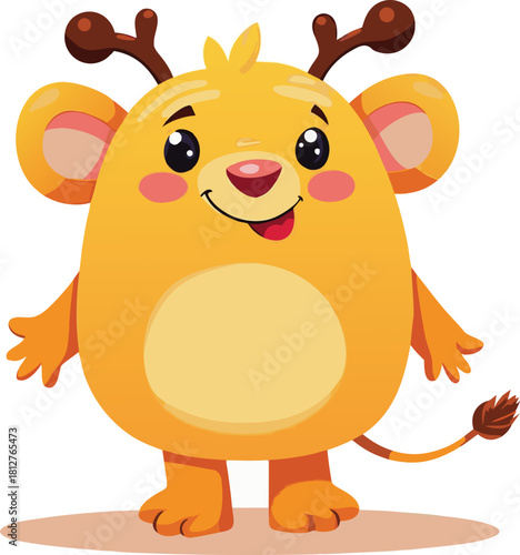 Cute cartoon lion character with antlers, chubby body, and happy expression, fun and colorful vector illustration for kids
