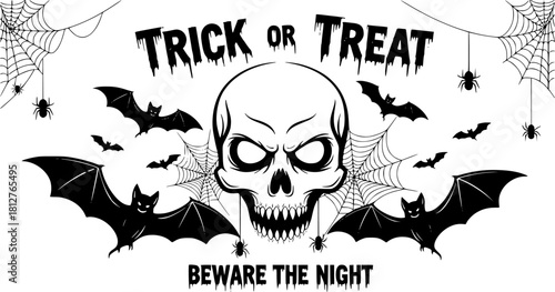 trick or treat halloween vector illustration with skull bats spiders web spooky typography black and white scary quote design	