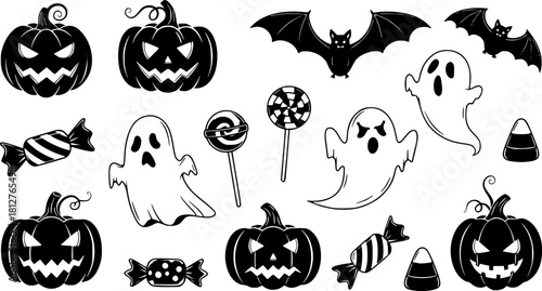 Spooky halloween icons set featuring pumpkins ghosts bats and candy white background	
