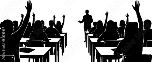 Students raising hands in classroom silhouette vector illustration isolated on white background
