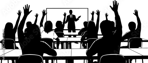 Students raising hands in classroom silhouette vector illustration isolated on white background
