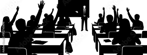 Students raising hands in classroom silhouette vector illustration isolated on white background
