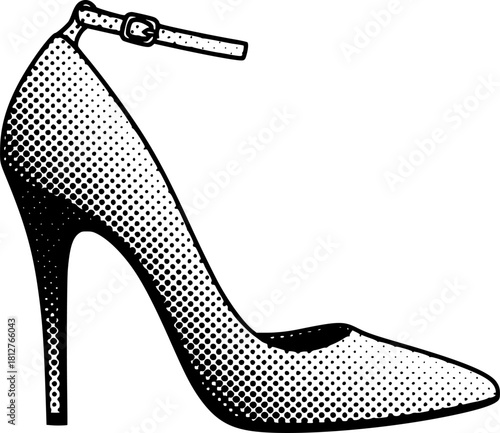Monochrome halftone high heel silhouette in classic style, fashion illustration	